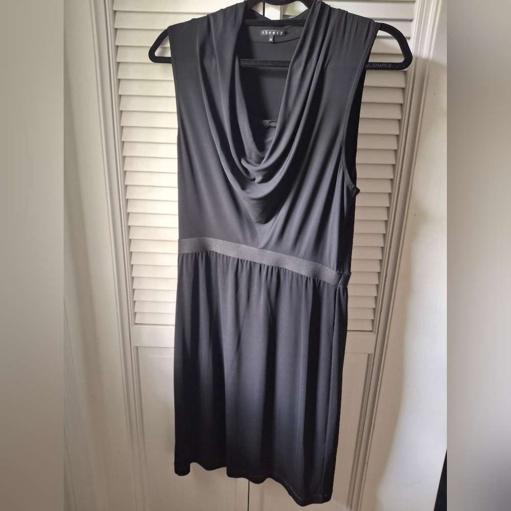 Theory Black Draped Collared Midi Dress